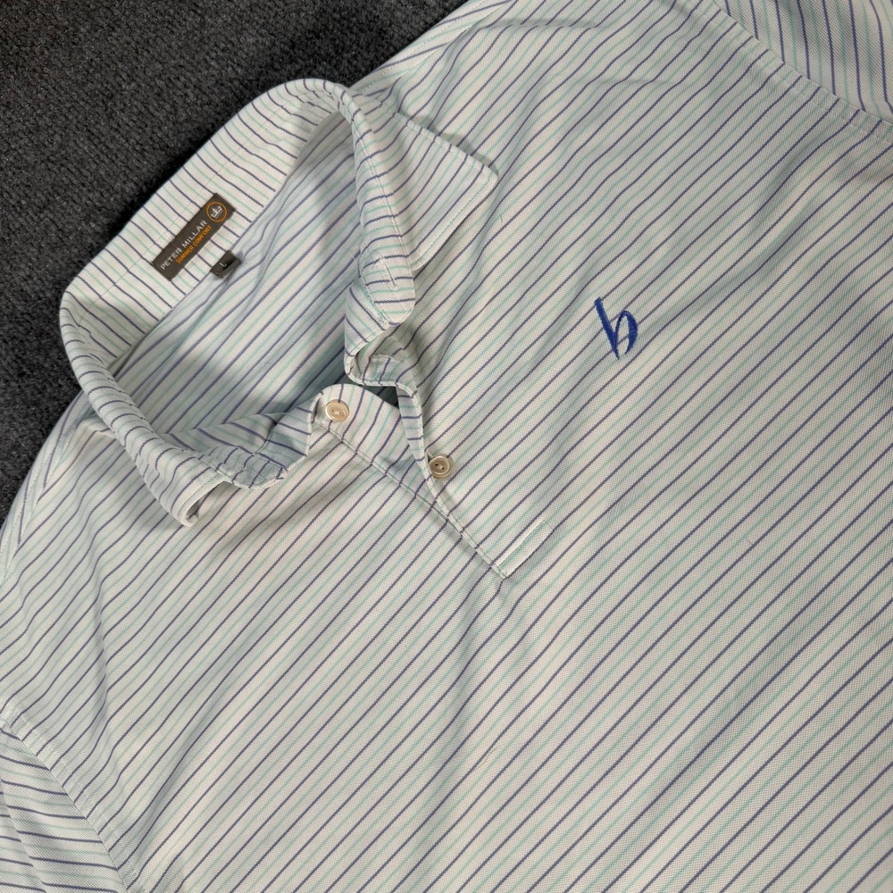 Peter Millar Summer Comfort Mens Large White Striped Golf Polo MS18EK63S #4395